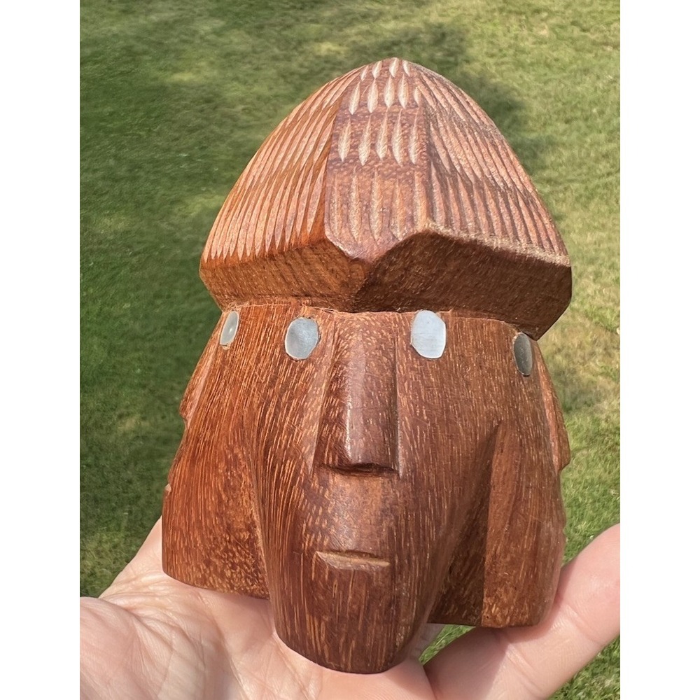 Hand Carved Wood Four Face Folk Art Sculpture Shell Inlay Eyes 4" Statue